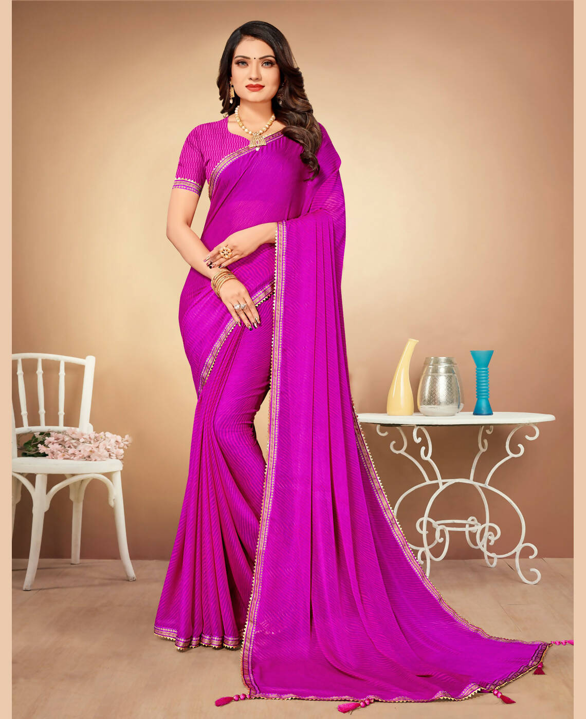 Purple Chiffon Leheriya Printed Saree With Unstitched Blouse Piece - Swarna | Grocsy