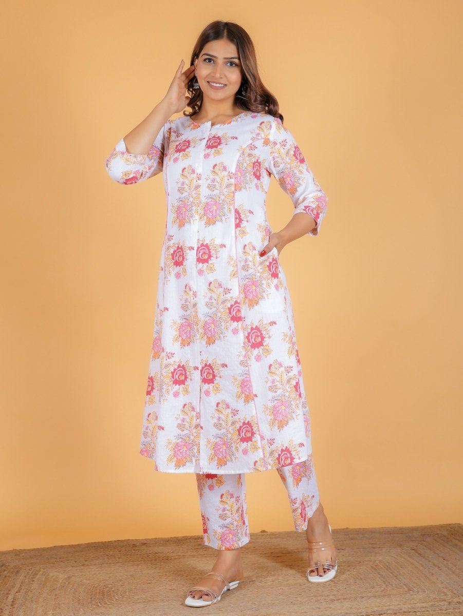 Aramya A-line Kantha Cotton Floral Print Women's Kurta - White | Grocsy