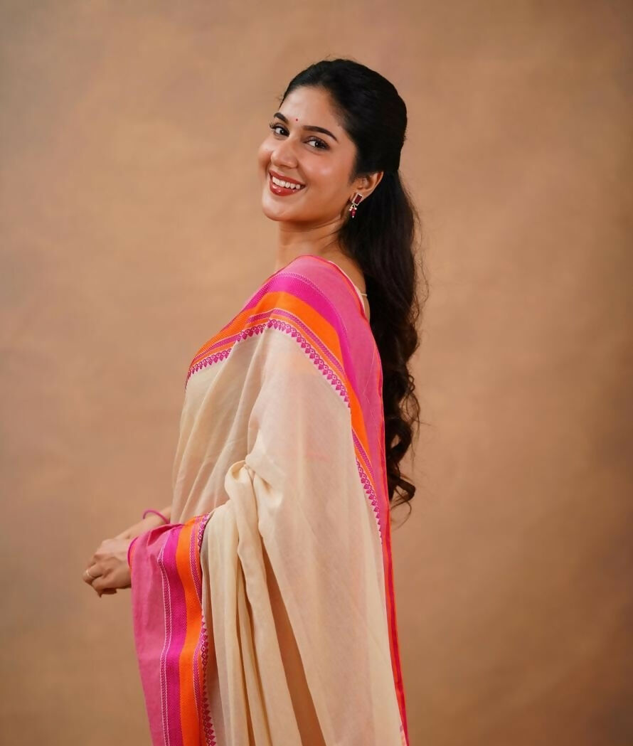 Exclusive Collection Beige Beautiful Khadi Cotton Handloom Saree | Grocsy