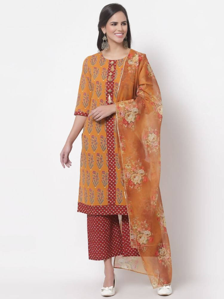 Myshka Women's Cotton Printed 3/4 Sleeve Round Neck Casual Multicolor Kurta Pant Dupatta Set | Grocsy