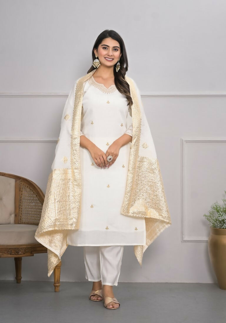 White Viscose Silk Embroidery with Thread and sequence Stitched Suit With Dupatta - Tanisha | Grocsy