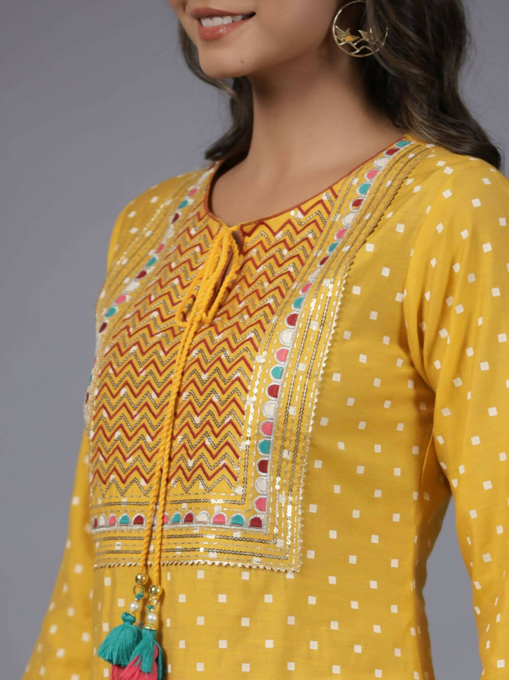 Juniper Women Yellow Muslin Printed High-Low Straight Tunic With Embroidered Yoke | Grocsy