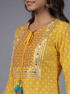 Juniper Women Yellow Muslin Printed High-Low Straight Tunic With Embroidered Yoke | Grocsy