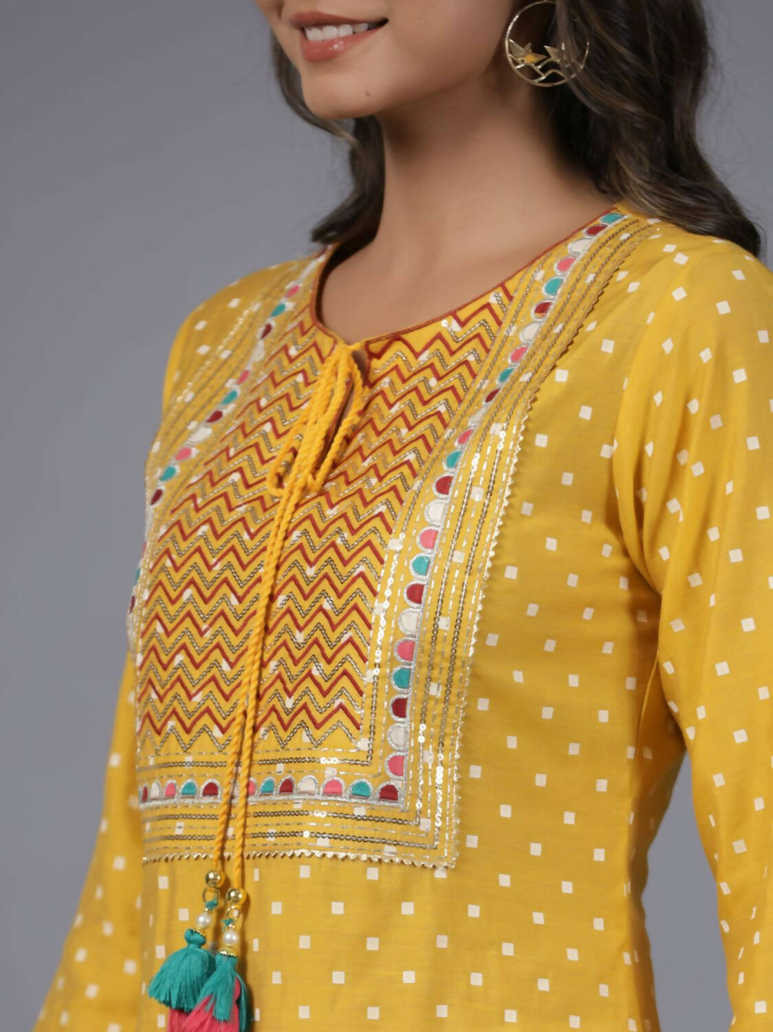 Juniper Women Yellow Muslin Printed High-Low Straight Tunic With Embroidered Yoke | Grocsy
