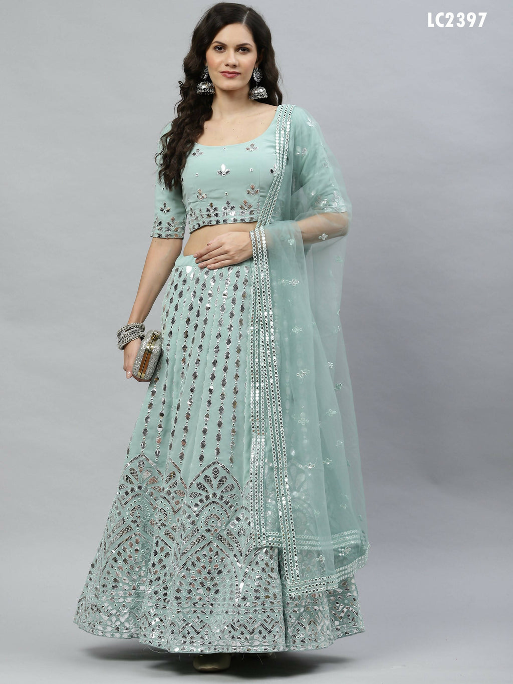 Pista Green Georgette Paper Mirror Embroidery Work Lehenga Choli with Dupatta - Jivika | Grocsy
