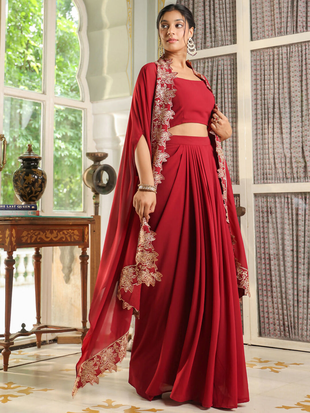 Janasya Maroon Georgette Solid Top Bottom Cape | Grocsy