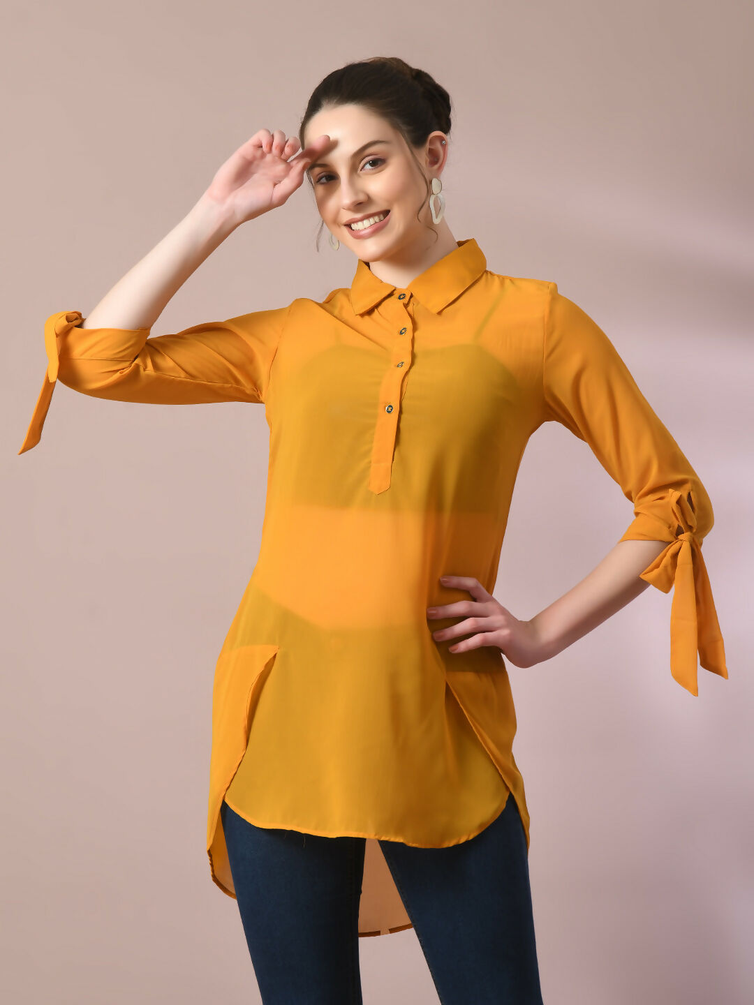 Myshka Women's Yellow Solid Georgette Longline Party Sheer Tunic | Grocsy