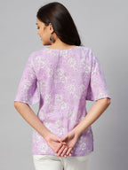 Miravan Women's Lavender-Coloured Bell Sleeve Floral Print Kurti | Grocsy
