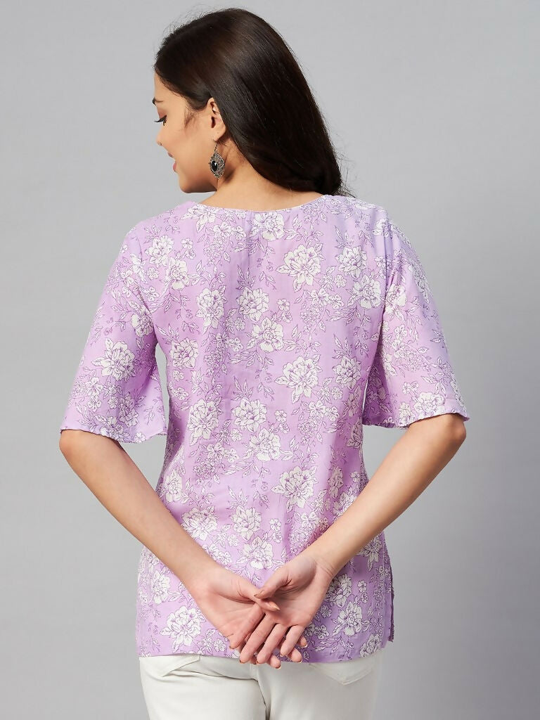 Miravan Women's Lavender-Coloured Bell Sleeve Floral Print Kurti | Grocsy