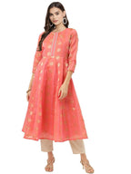 Ahalyaa Women Peach Chanderi Jacquard Woven Dress | Grocsy