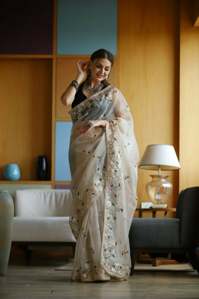 Vamsee Avantika Beige Organza Saree | Grocsy
