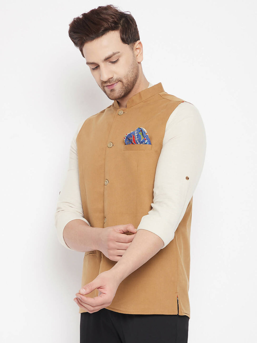 Even Apparels Brown Polyester Men's Nehru Jacket-Contrast Lining-Inbuilt Pocket Square | Grocsy