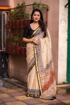 Cream Silk Blend Geometric Saree with Unstitched Blouse - A2M | Grocsy