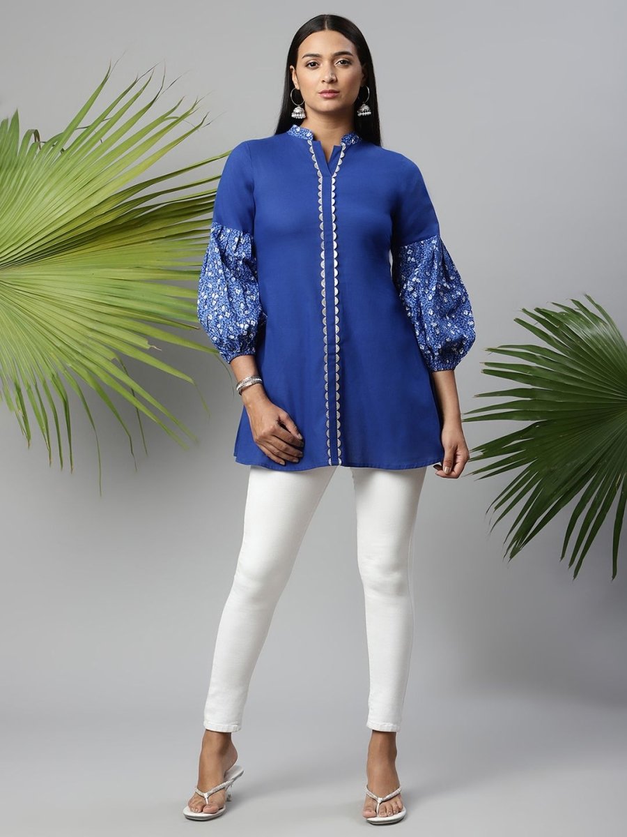 Ahalyaa Women Blue Pure Cotton Printed Tunic | Grocsy