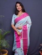 Jyoti Fashion Women's Pink Linen Silk Digital Print with Jacquard Woven Border Saree with Blouse | Grocsy
