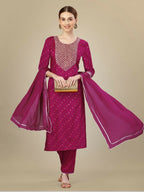 Jyoti Fashion Women's Rani Pink Silk Blend Embroidery & Sequence work Kurta with Trouser & Dupatta | Grocsy