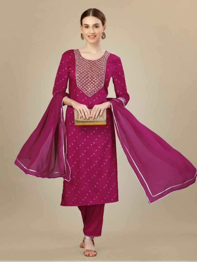 Jyoti Fashion Women's Rani Pink Silk Blend Embroidery & Sequence work Kurta with Trouser & Dupatta | Grocsy