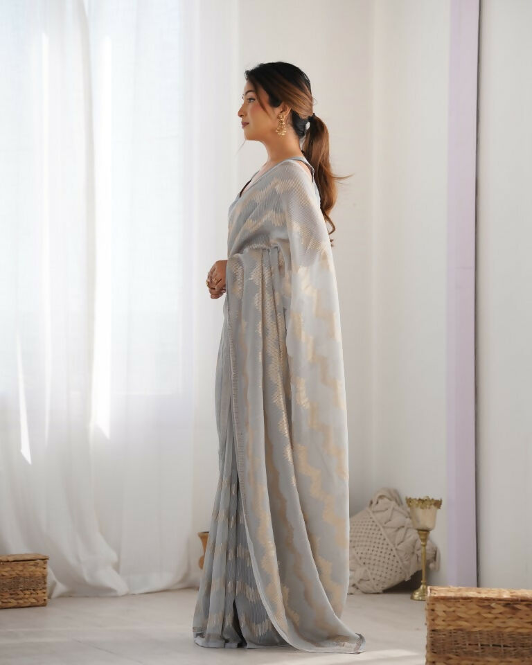 Grey Georgette Sequance Embroidery Work Border Saree - Sitare | Grocsy