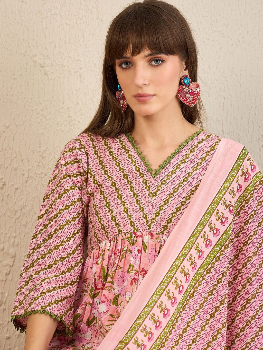 Indo Era Floral Printed Empire Pure Cotton A-Line Kurta With Trousers & Dupatta | Grocsy