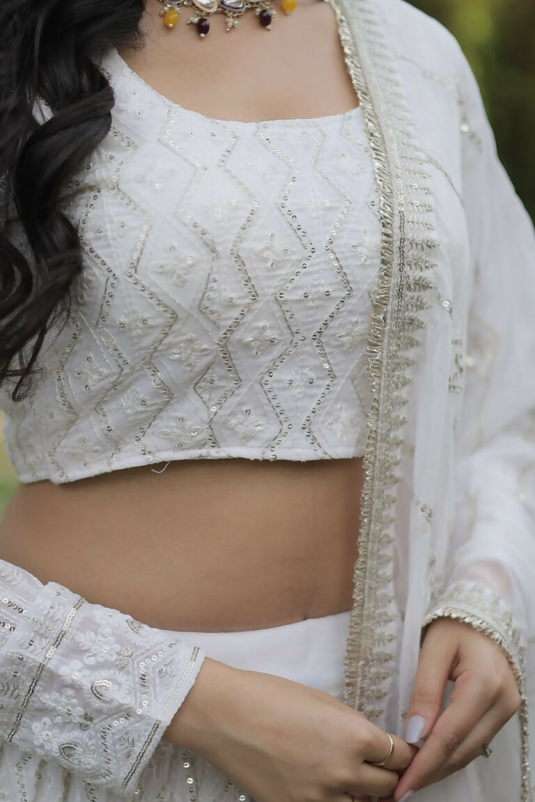 Vastranavya Faux Georgette With Sequins & Thread Embroidered Work Lehenga Choli - White | Grocsy