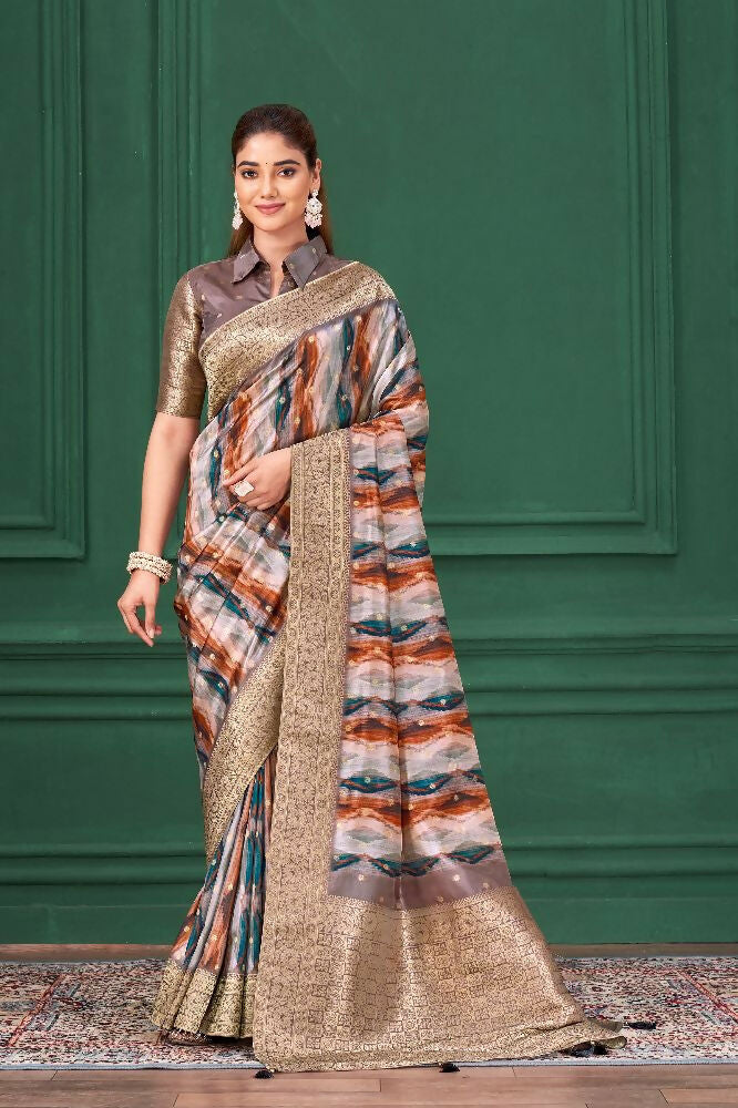 Lilac Purple Tussar Silk Jacquard Abstract Digital Print Saree with Unstitched Blouse - Mohira | Grocsy