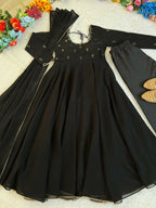 Teeya Creation New Party Wear Look Gerorrget Gown With Pant Dupatta Set - Black | Grocsy