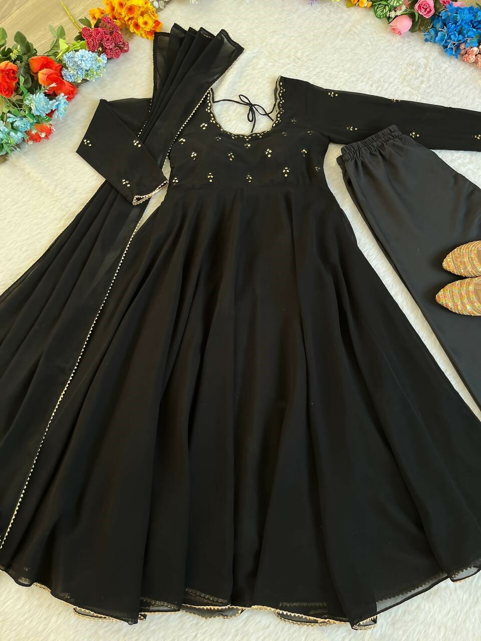 Teeya Creation New Party Wear Look Gerorrget Gown With Pant Dupatta Set - Black | Grocsy