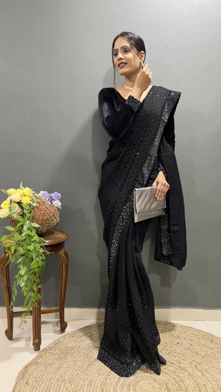 Vastranavya Black Rangoli Silk Swarovski work Ready to Wear Saree | Grocsy
