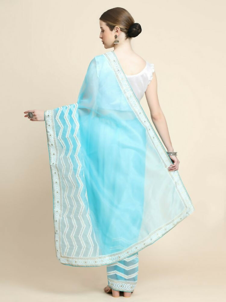 Vamsee Banno Lehriya Sky Organza Saree | Grocsy