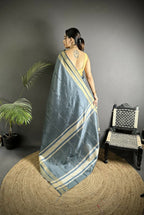 Joban Fashion Dark Grey Woven Pattern Raw Silk Kanjivaram Silk Saree | Grocsy