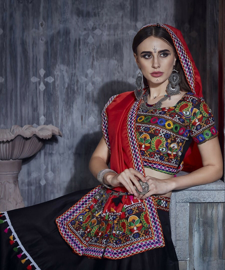 AI Fashion Black Art Silk Designer Navratri Lehenga Choli Collection | Grocsy