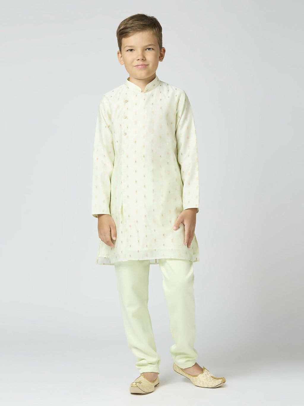Joban Fashion Kids Island Full Sleeves Chanderi Kurta, Pyjama Set with Traditional Butta Work - Pista | Grocsy