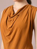 Myshka Women's Mustard Solid Cowl Neck Bodycon Party Dress | Grocsy