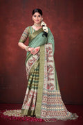 Green Poly Habotai Silk Foil Print Saree with Unstitched Blouse - Kathari | Grocsy