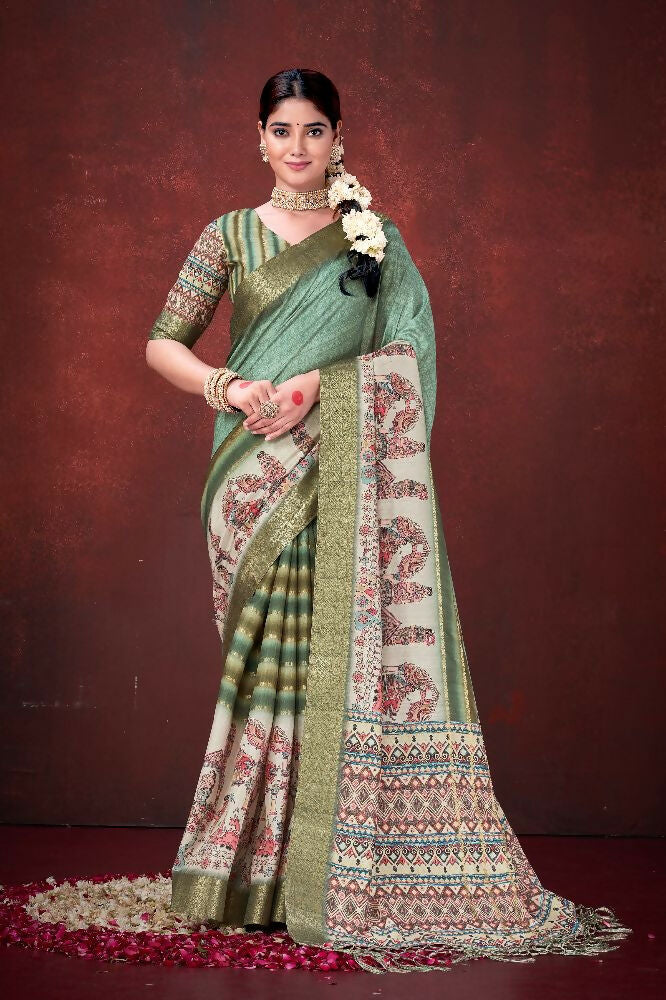 Green Poly Habotai Silk Foil Print Saree with Unstitched Blouse - Kathari | Grocsy