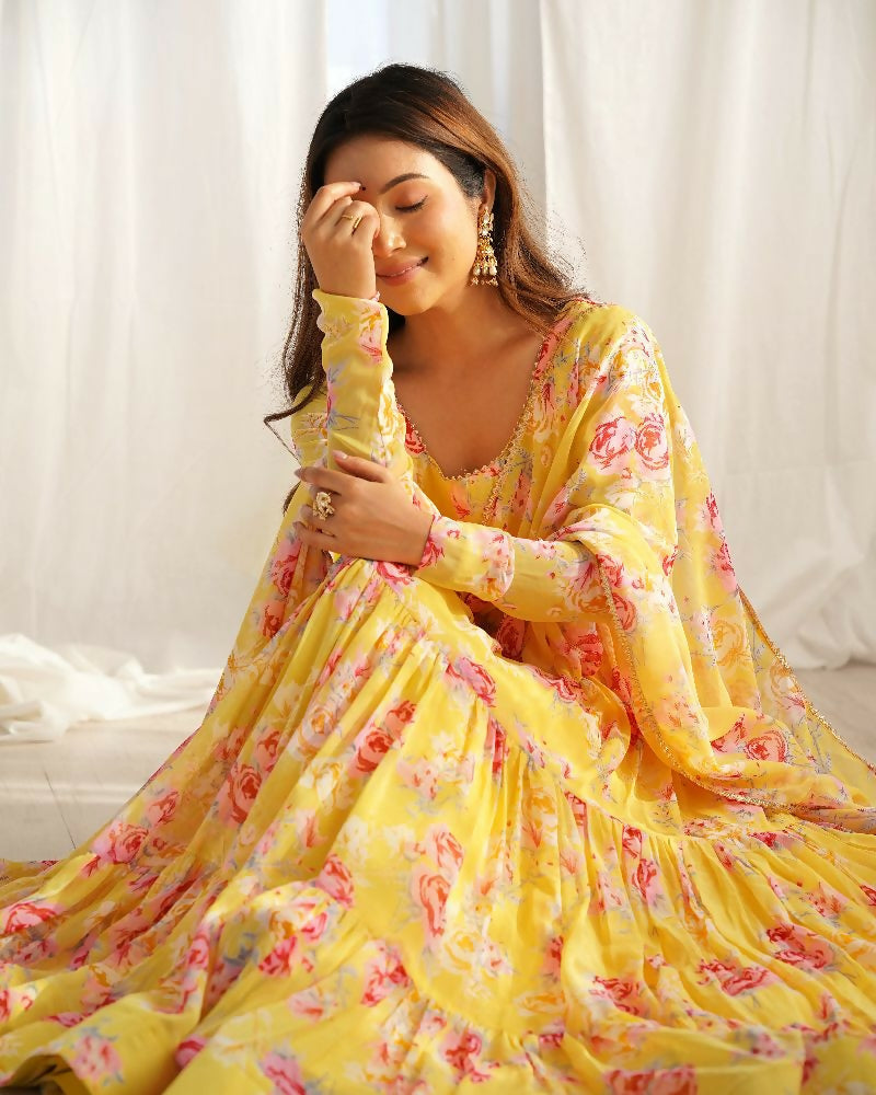 Joban Fashion Yellow Kurta Set Georgette Sequence Embroidery Work | Grocsy