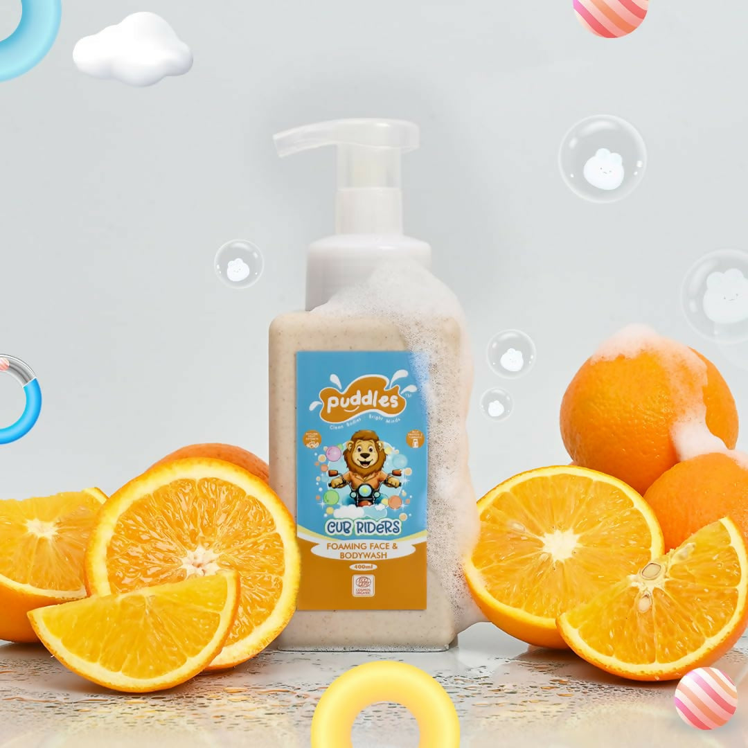 Puddles Organic Cub Riders Kids Foaming Face & Body Wash, Turmeric, Milk Protein, Orange Essential Oil | Grocsy
