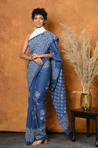 Very Much Indian Handblock Printed Cotton Saree With Natural Dyes - Cyan Blue | Grocsy
