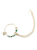 Gold-Polished White Green Kundan-Studded Pearl Beaded Nosepin - Ruby Raang | Grocsy