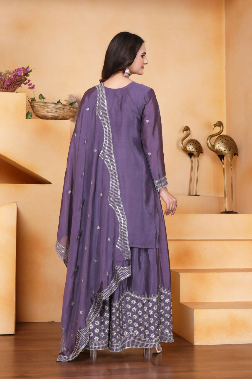 Joban Fashion Purple Silk Embroidered Sharara Set | Grocsy