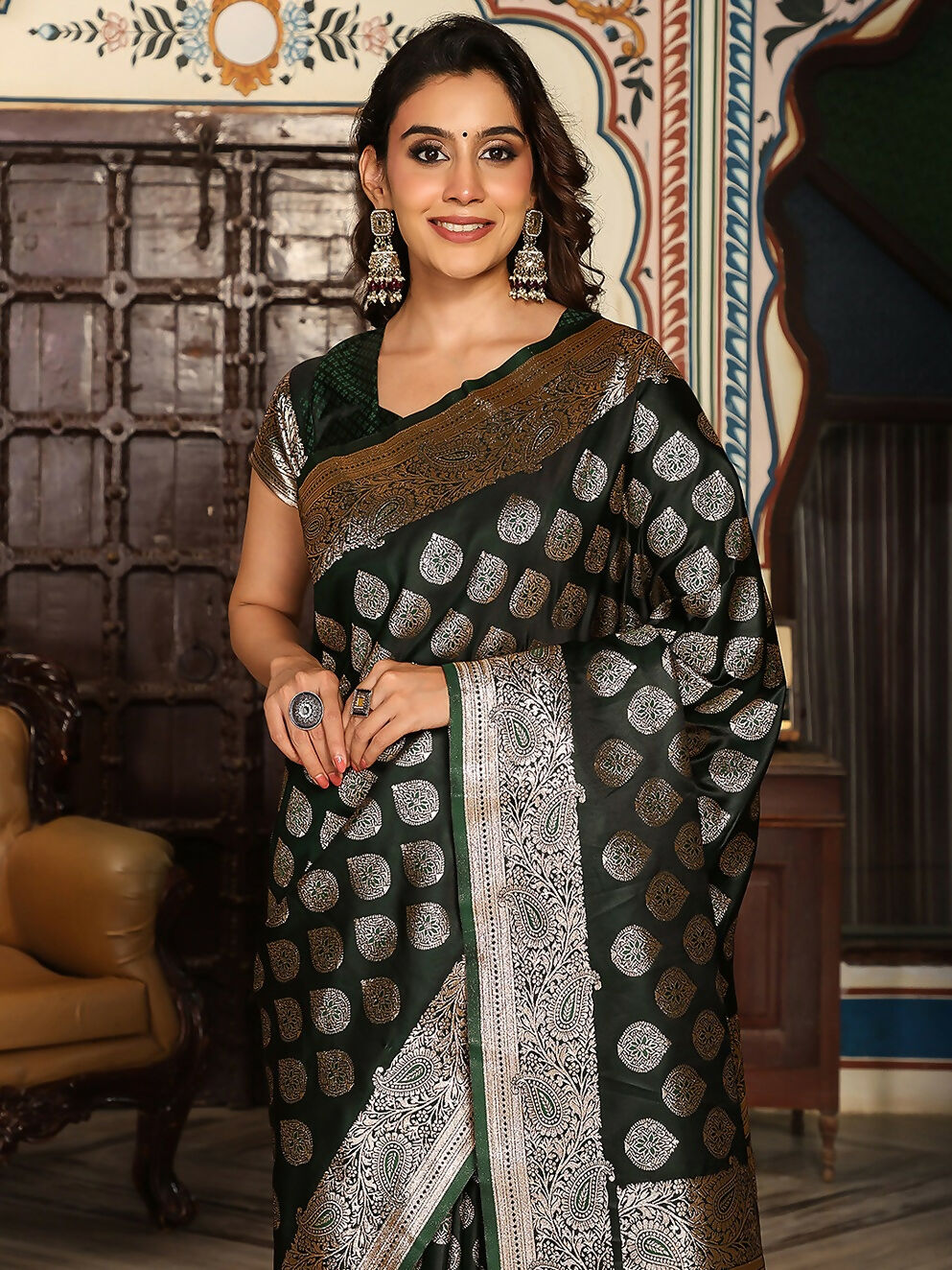 Shree Shyam Fashion Dark Green Silk Saree | Grocsy
