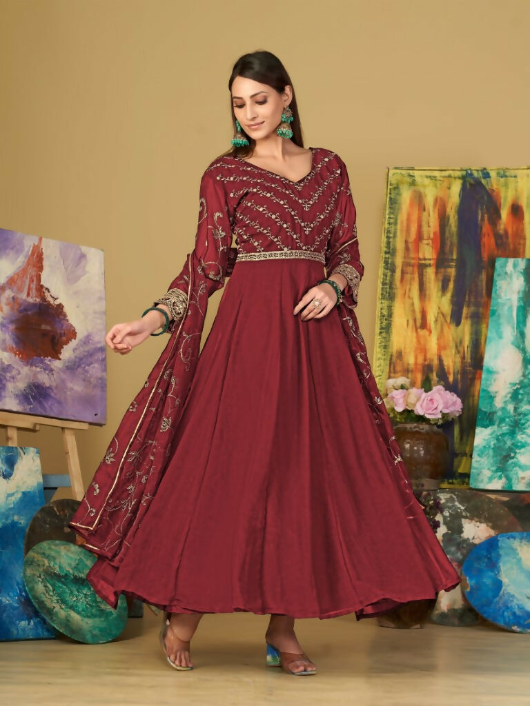 Jyoti Fashion Women's Maroon Georgette Embroidered Anarkali Kurta Pant Set With Dupatta | Grocsy