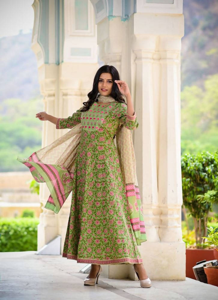 Yufta Women Green Floral Printed Pure Cotton Anarkali Kurta with Trouser and Dupatta | Grocsy