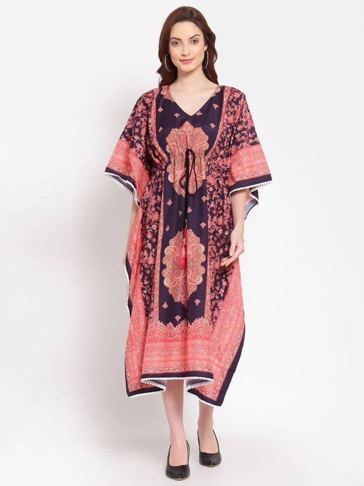 Myshka Women's Multi Printed Cotton 3/4 Sleeve V Neck Casual Kaftan Dress | Grocsy