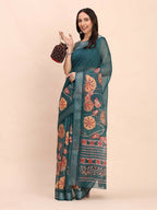 Shree Shyam Fashion Linen Cotton Teal Blue Saree | Grocsy