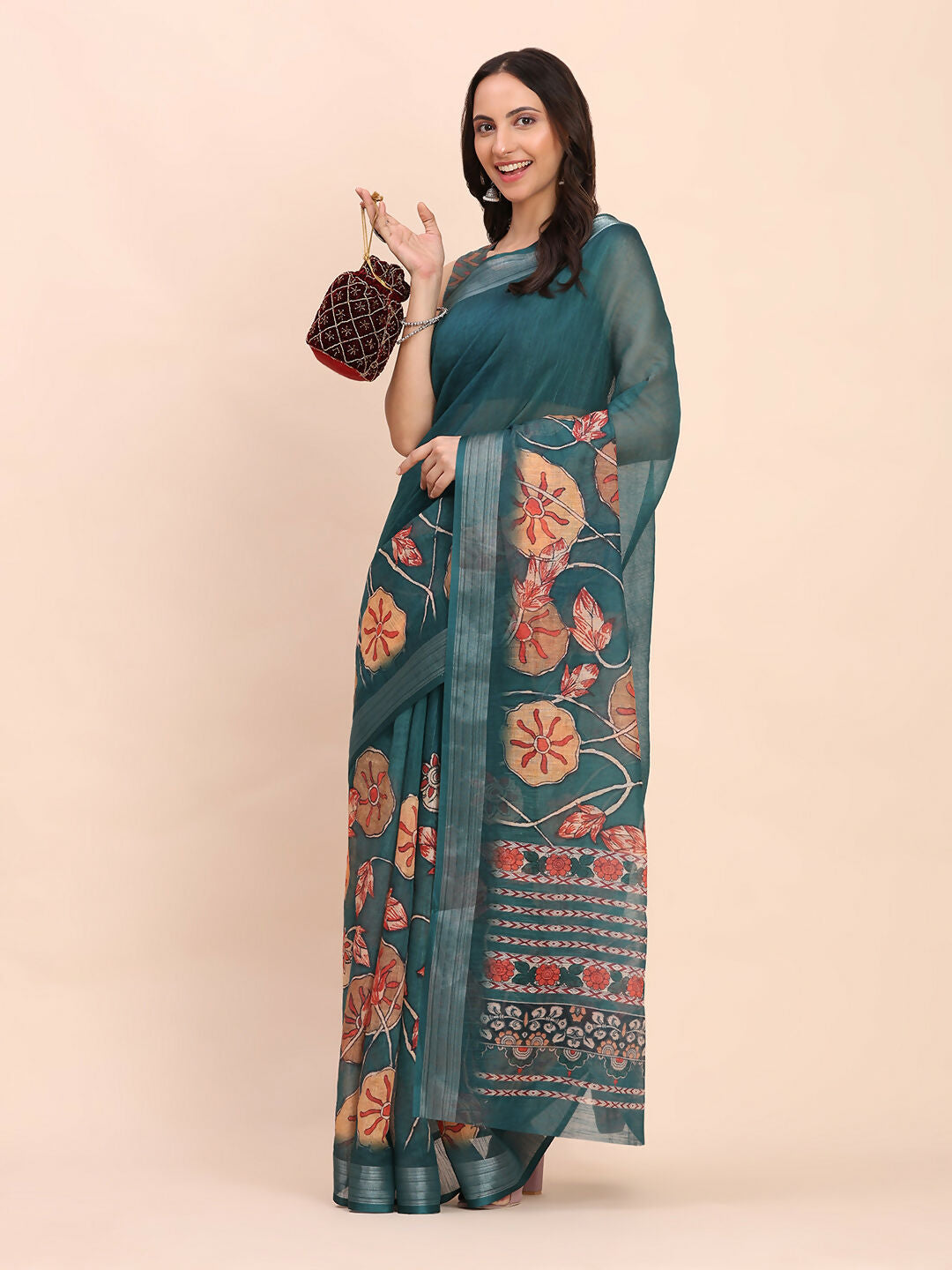 Shree Shyam Fashion Linen Cotton Teal Blue Saree | Grocsy