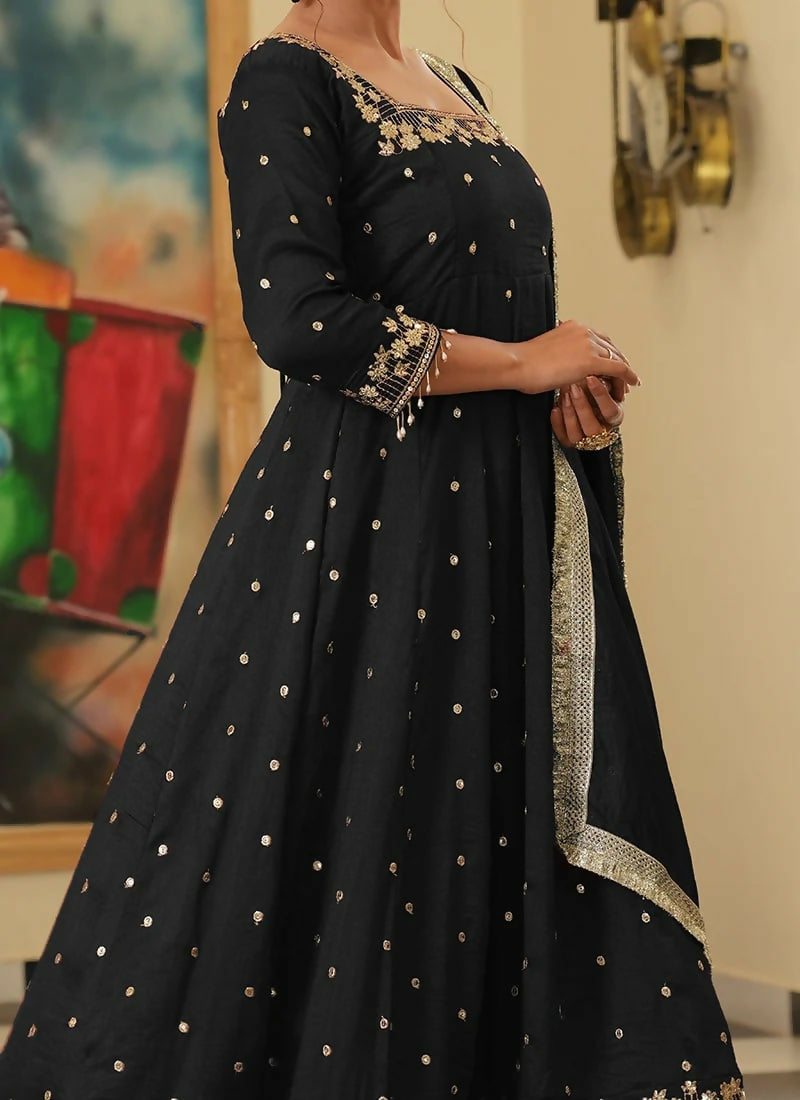 Teeya Creation Black Color Pure Vichitra Silk Embroidery Work Party Wear Gown | Grocsy