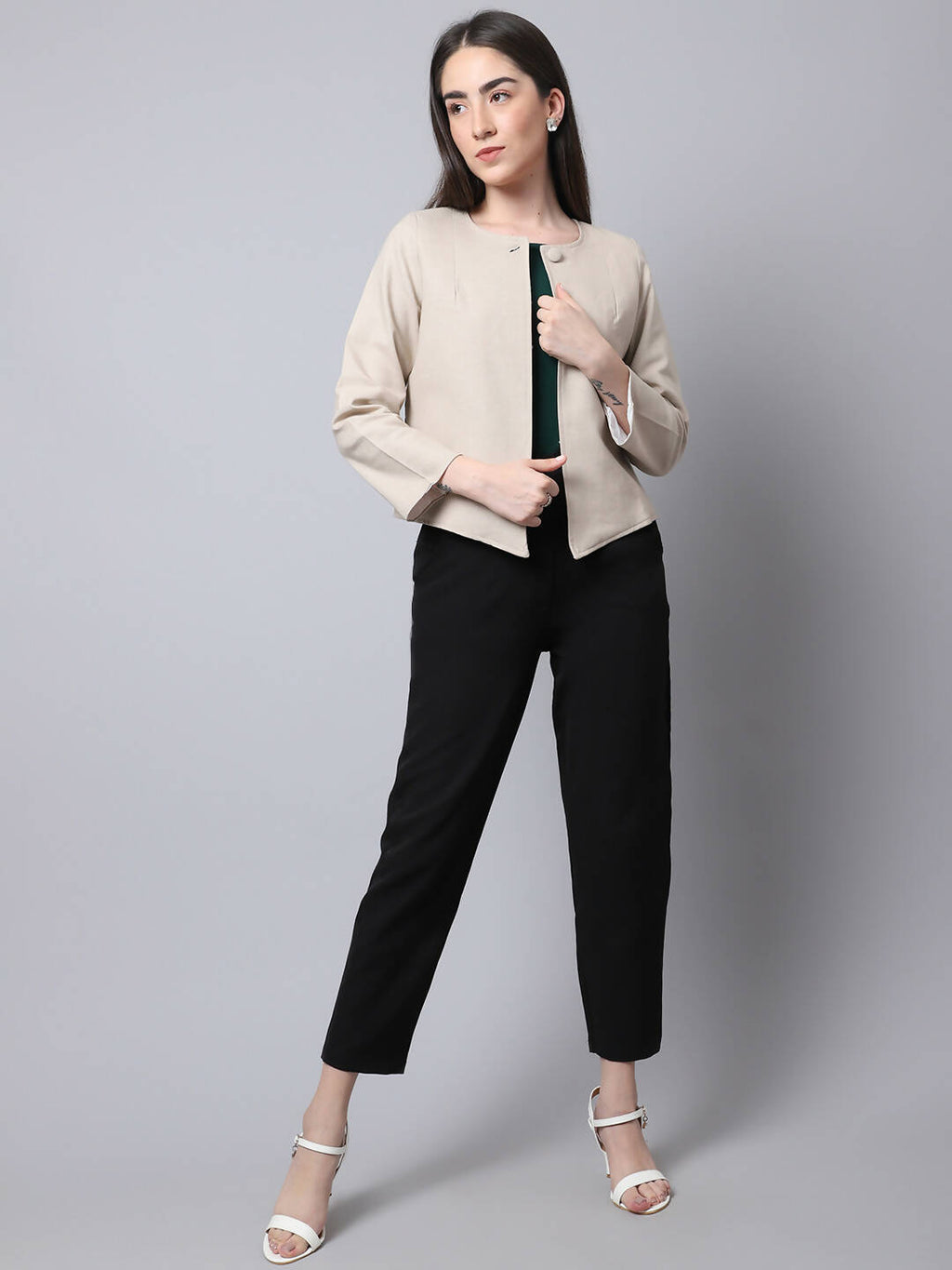 Even Apparels Cream Linen Cotton Open Front Statement Women's Jacket | Grocsy