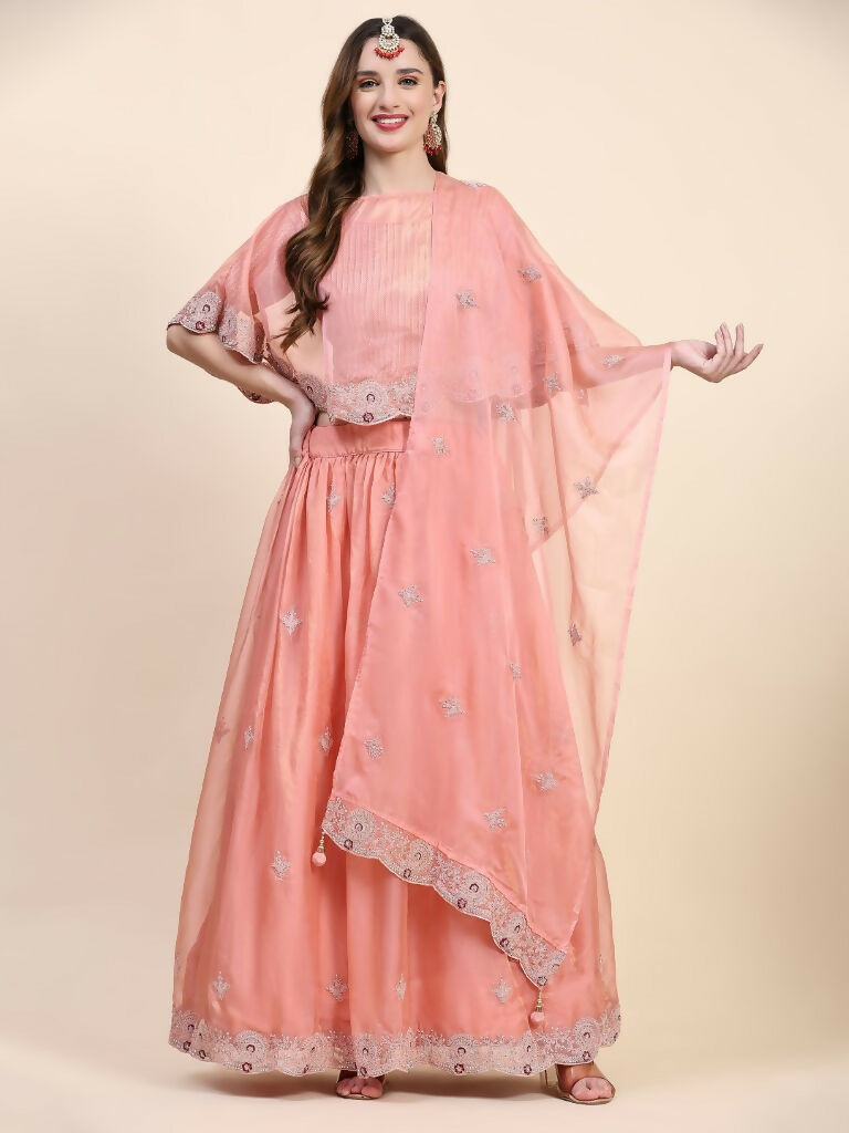 Peach Silk Embroidered Poncho Pattern Top & Lehenga with Dupatta - Tanya | Grocsy