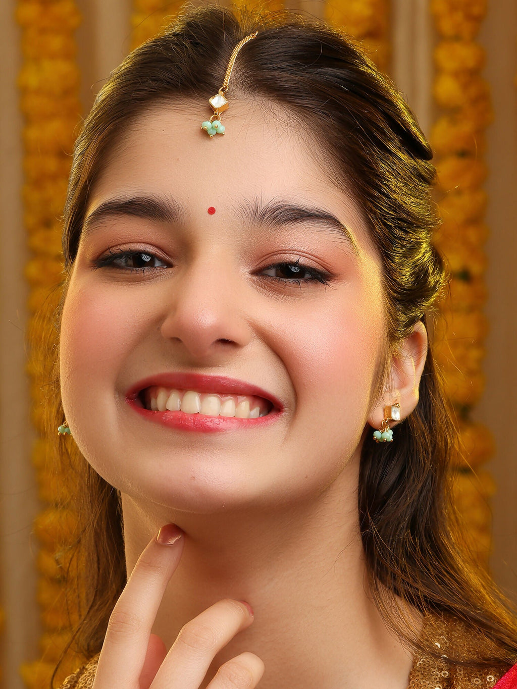 Ruby Raang Set Of Pastel Green Maang Tikka And Earrings | Grocsy